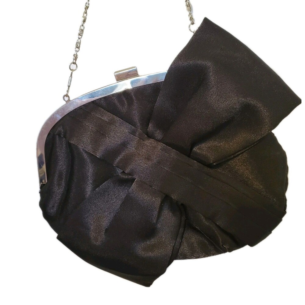 Vintage Inspired Black Bow Kiss Lock Satin Evening Handbag Silver Toned Chain